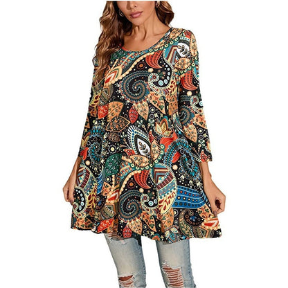 Effortless Medallion Print Tunic Dress for Women with Round Neck Elbow Sleeve Swing Flowing Bohemian Style