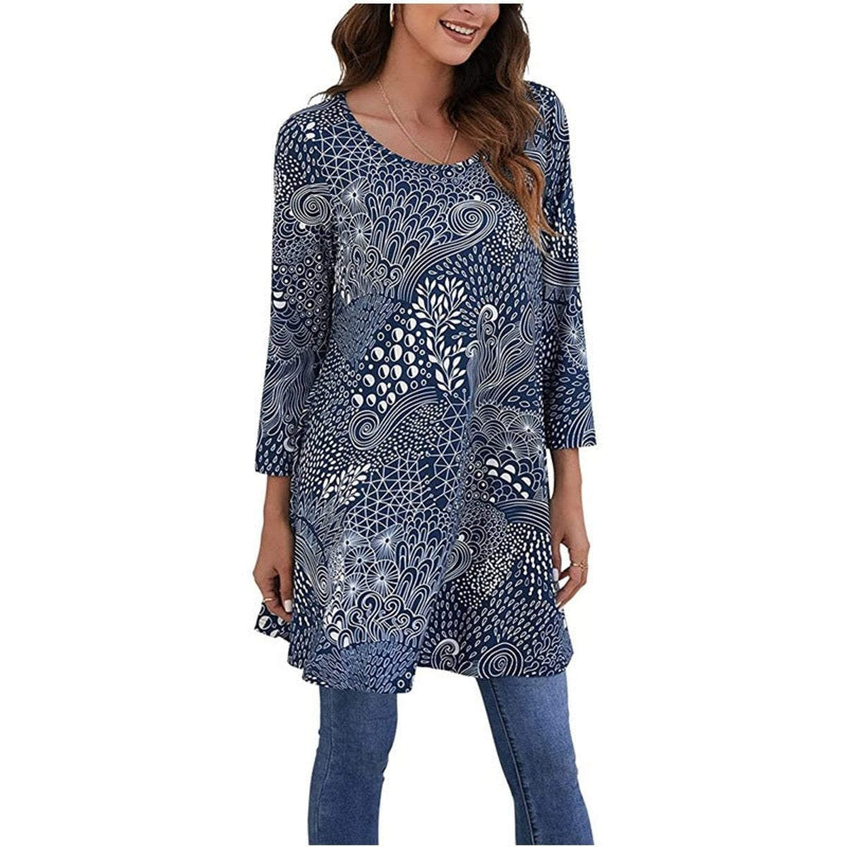 Effortless Medallion Print Tunic Dress for Women with Round Neck Elbow Sleeve Swing Flowing Bohemian Style