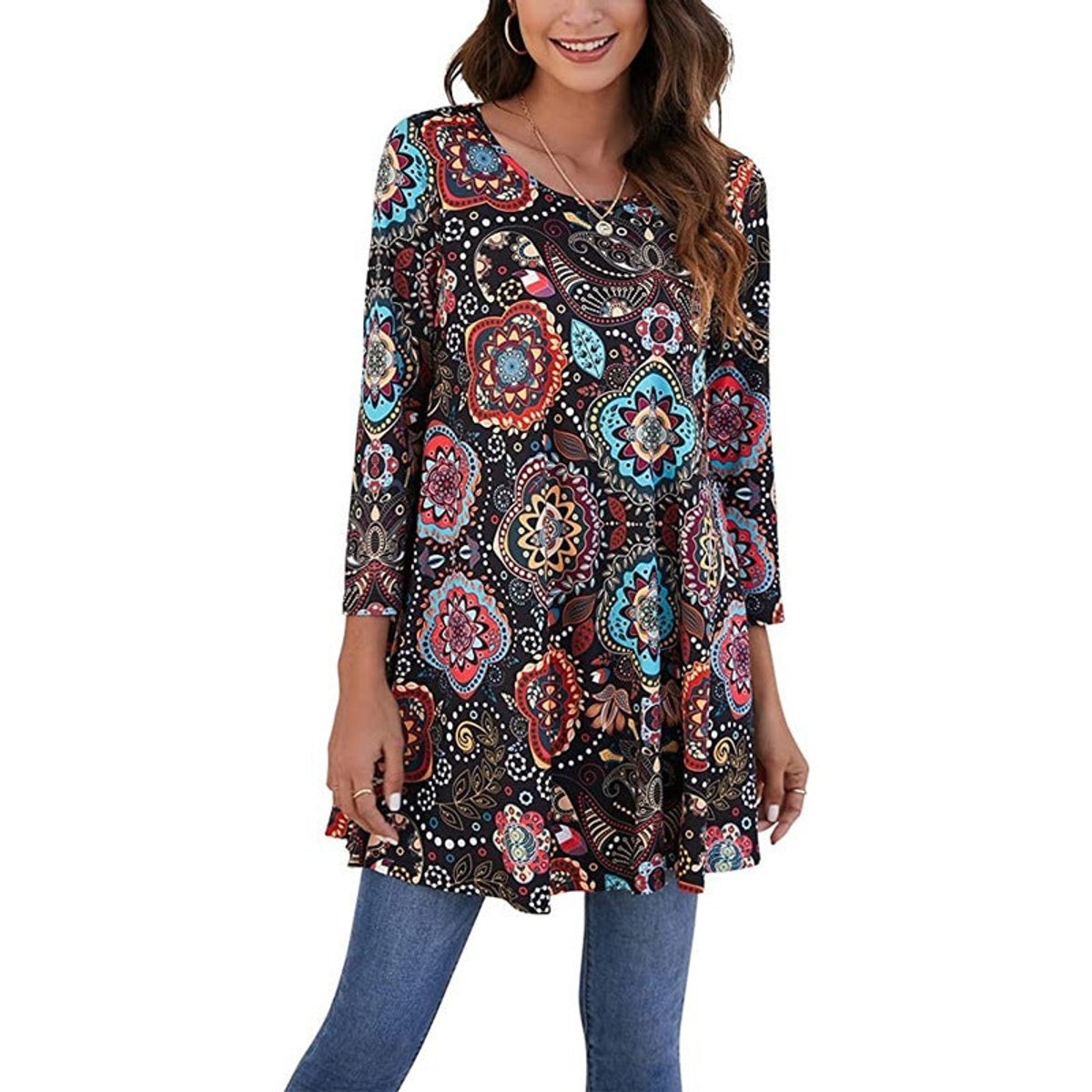 Effortless Medallion Print Tunic Dress for Women with Round Neck Elbow Sleeve Swing Flowing Bohemian Style