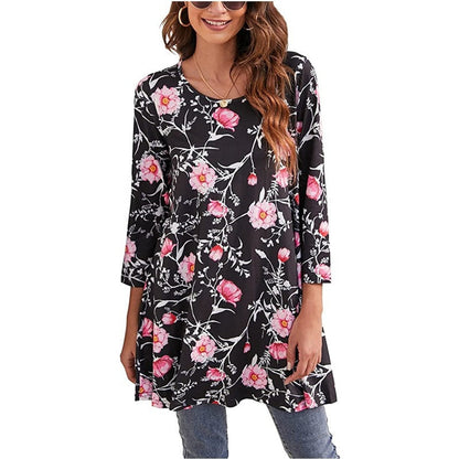 Effortless Medallion Print Tunic Dress for Women with Round Neck Elbow Sleeve Swing Flowing Bohemian Style