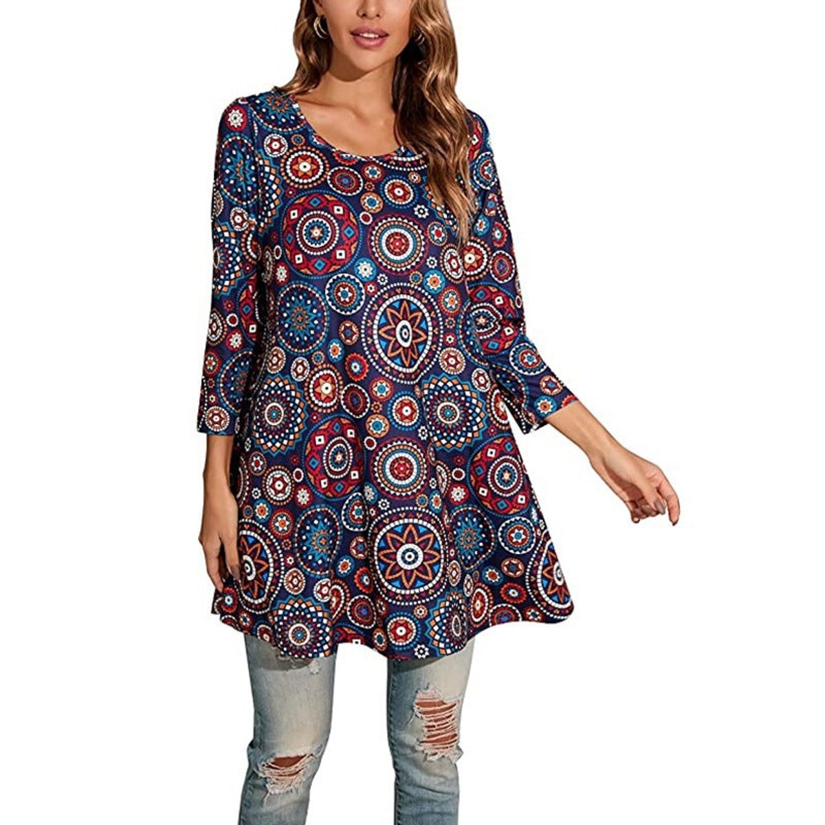 Effortless Medallion Print Tunic Dress for Women with Round Neck Elbow Sleeve Swing Flowing Bohemian Style