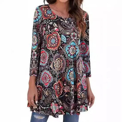 Effortless Medallion Print Tunic Dress for Women with Round Neck Elbow Sleeve Swing Flowing Bohemian Style