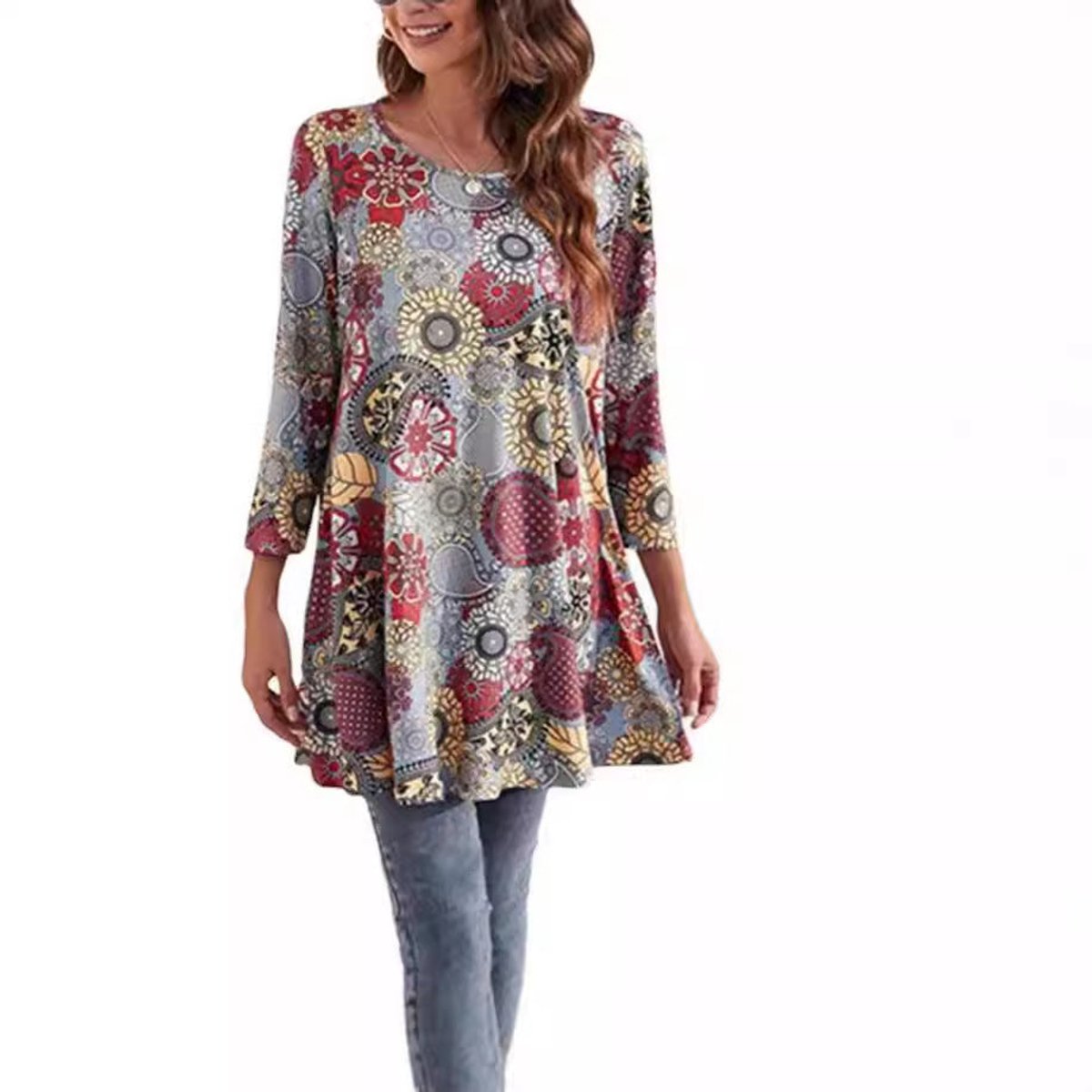 Effortless Medallion Print Tunic Dress for Women with Round Neck Elbow Sleeve Swing Flowing Bohemian Style