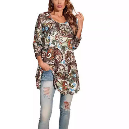 Effortless Medallion Print Tunic Dress for Women with Round Neck Elbow Sleeve Swing Flowing Bohemian Style