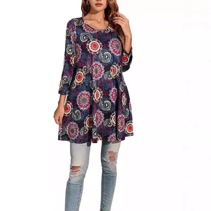 Effortless Medallion Print Tunic Dress for Women with Round Neck Elbow Sleeve Swing Flowing Bohemian Style