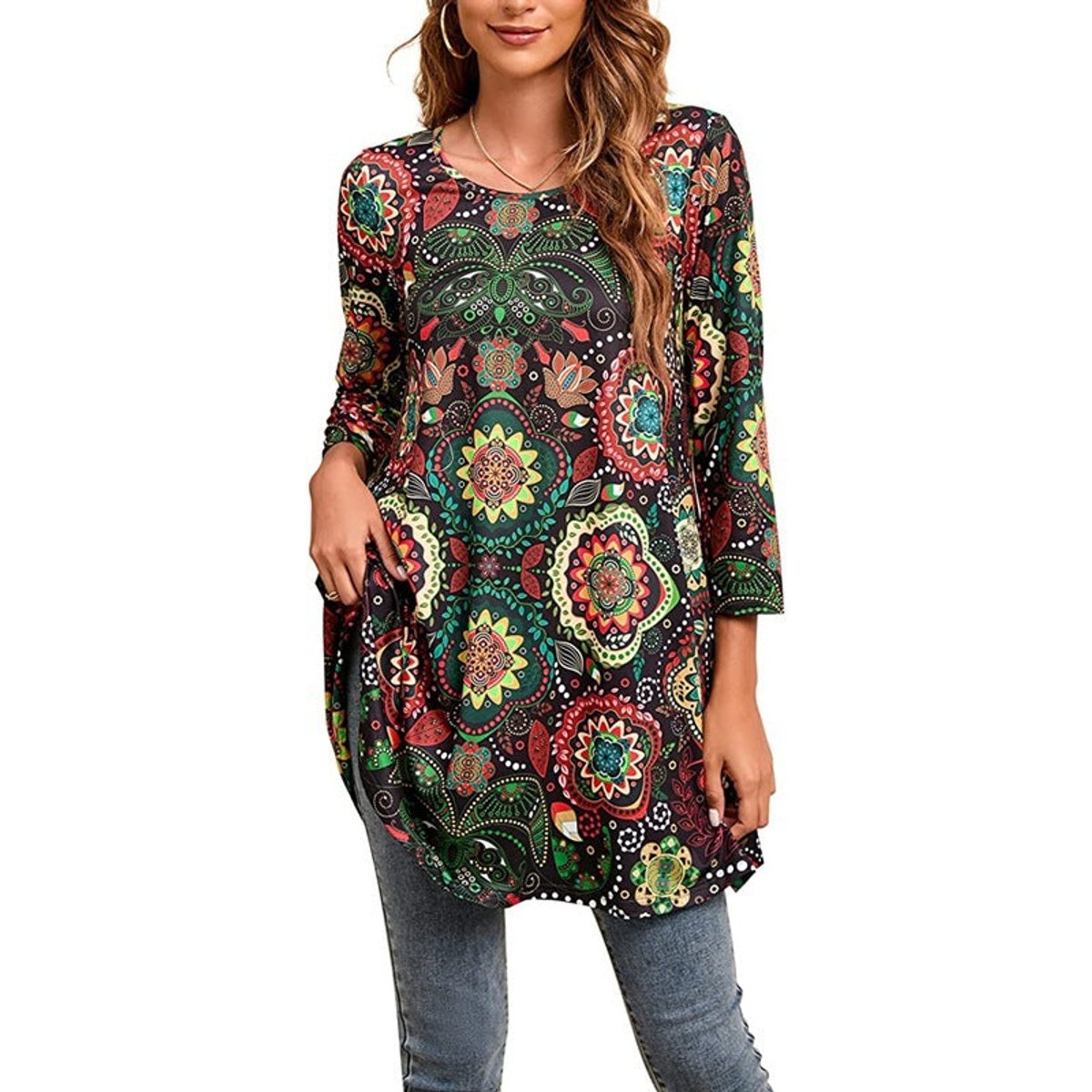 Effortless Medallion Print Tunic Dress for Women with Round Neck Elbow Sleeve Swing Flowing Bohemian Style