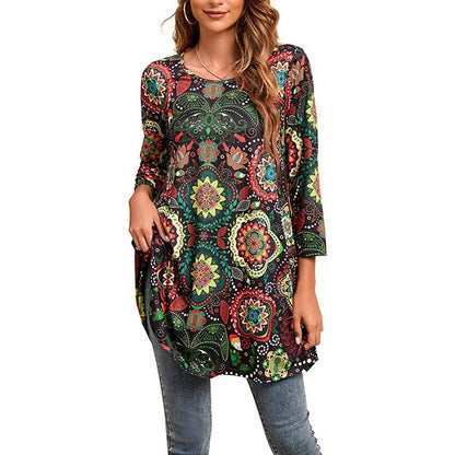 Effortless Medallion Print Tunic Dress for Women with Round Neck Elbow Sleeve Swing Flowing Bohemian Style