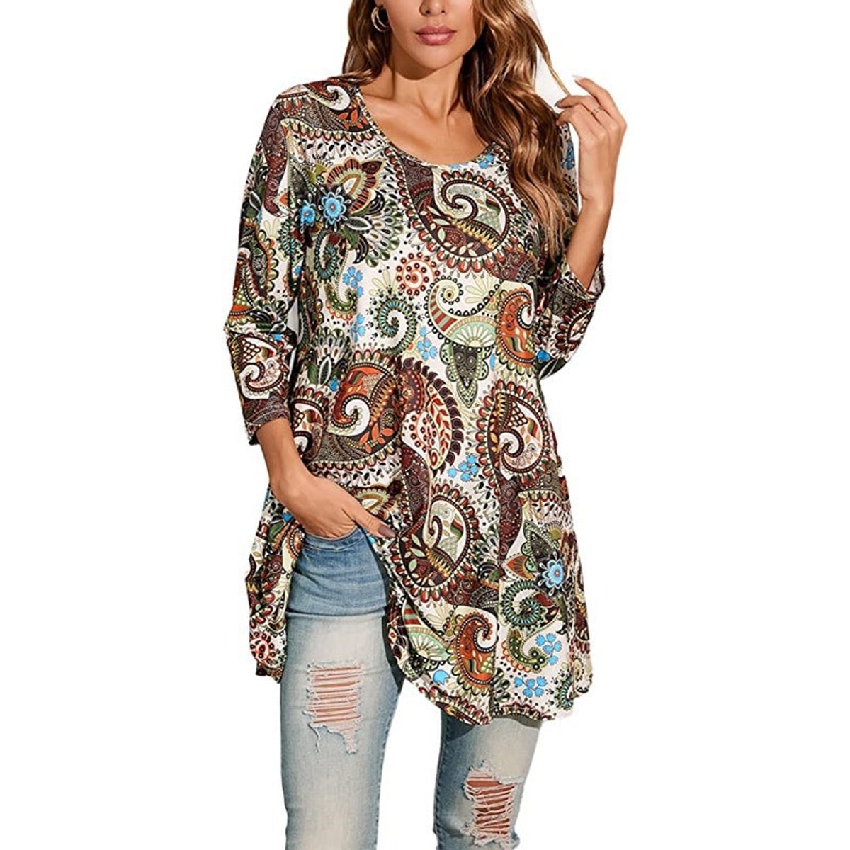 Effortless Medallion Print Tunic Dress for Women with Round Neck Elbow Sleeve Swing Flowing Bohemian Style