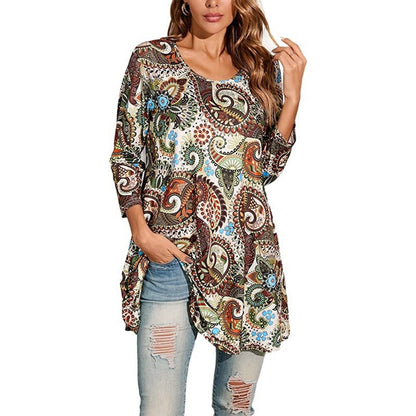 Effortless Medallion Print Tunic Dress for Women with Round Neck Elbow Sleeve Swing Flowing Bohemian Style