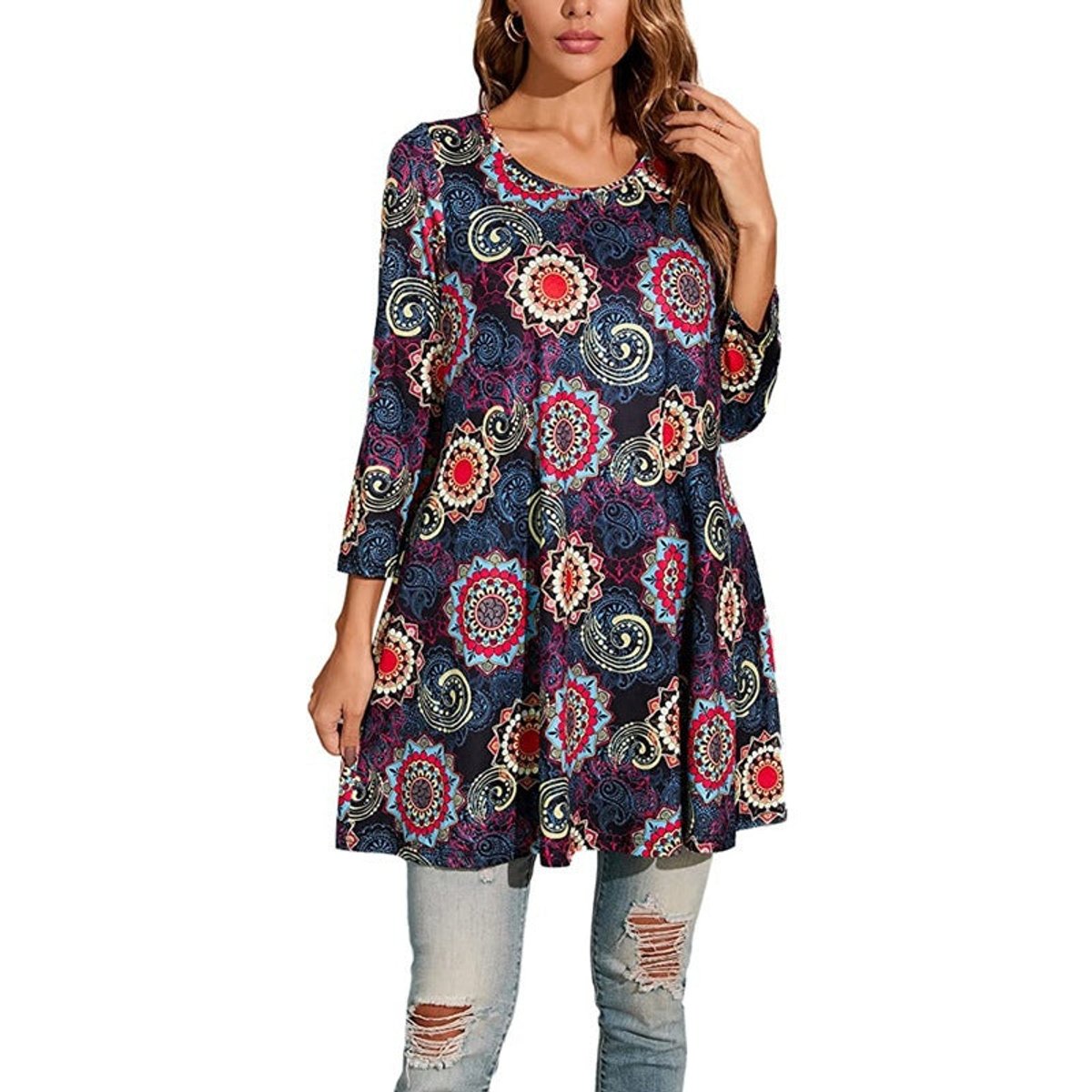 Effortless Medallion Print Tunic Dress for Women with Round Neck Elbow Sleeve Swing Flowing Bohemian Style