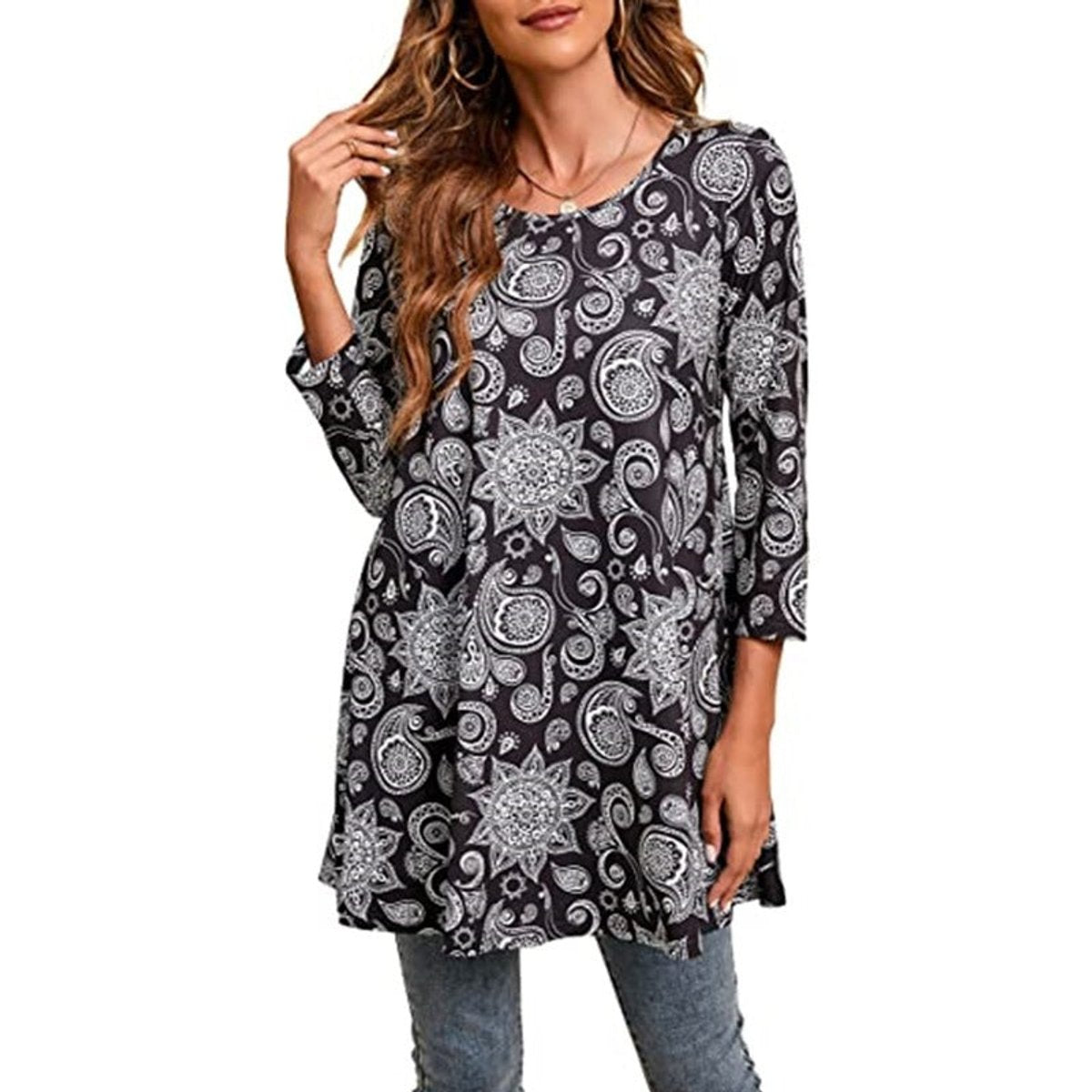Effortless Medallion Print Tunic Dress for Women with Round Neck Elbow Sleeve Swing Flowing Bohemian Style